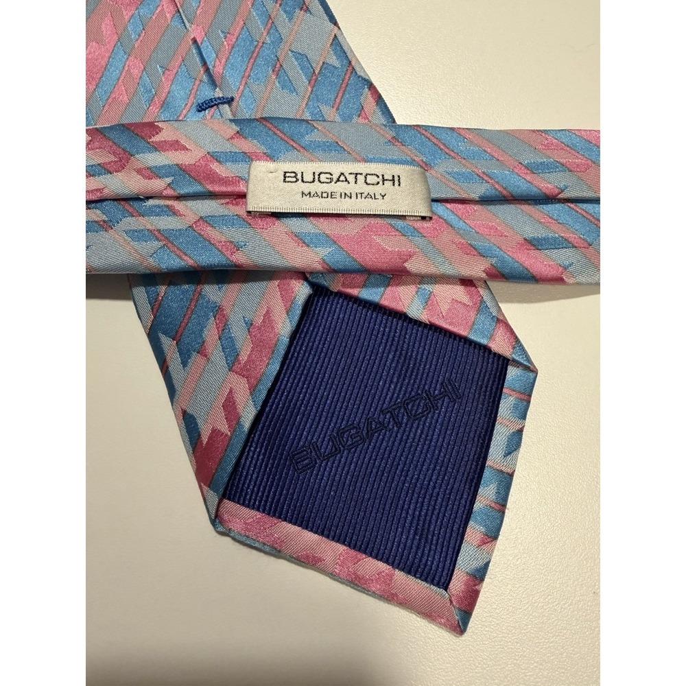 Bugatchi Pink Blue Striped Houndstooth Luxury Designer 100% Silk Tie Made Italy